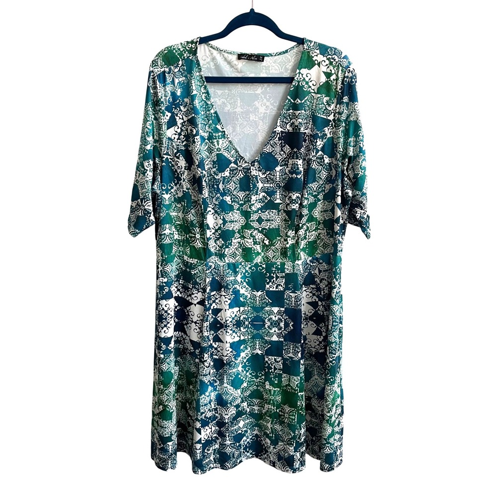 Isabel + Alice Dress Women 2X Green Teal Damask Tile Print V-Neck Stretch Short